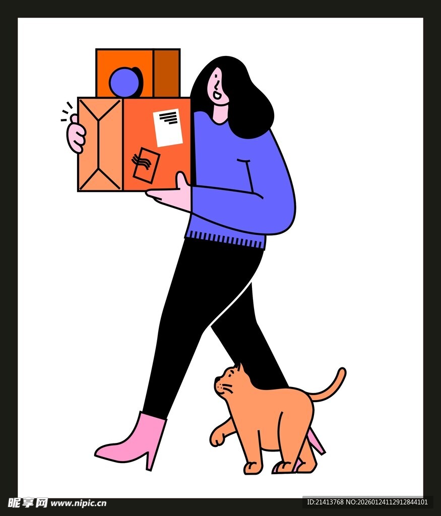 女子抱箱与猫同行