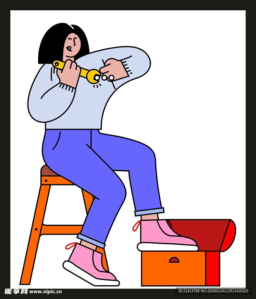 女子坐凳上专注吹奏乐器