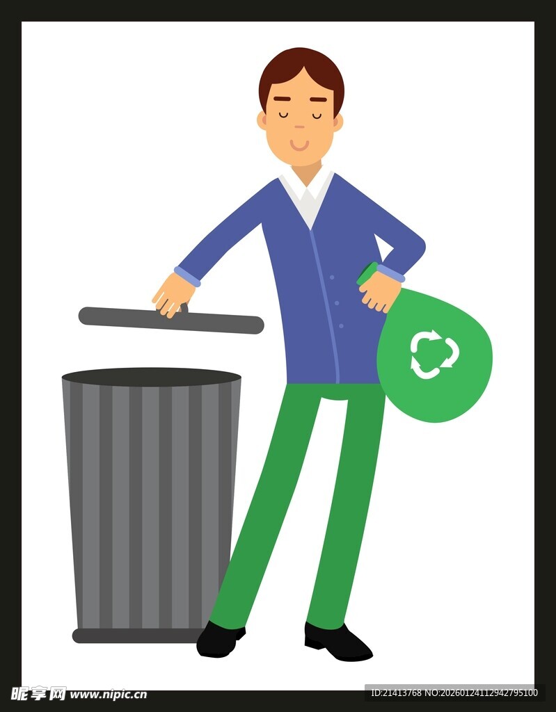 男子手持回收标志扔垃圾