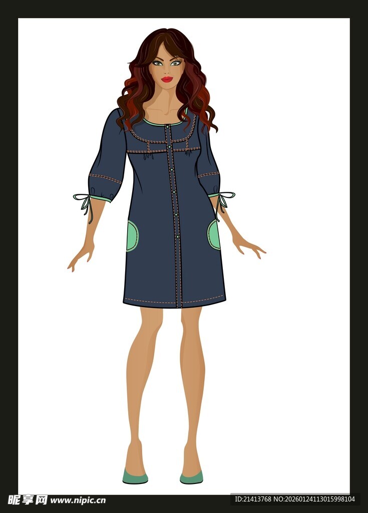 时尚女子身着蓝色连衣裙