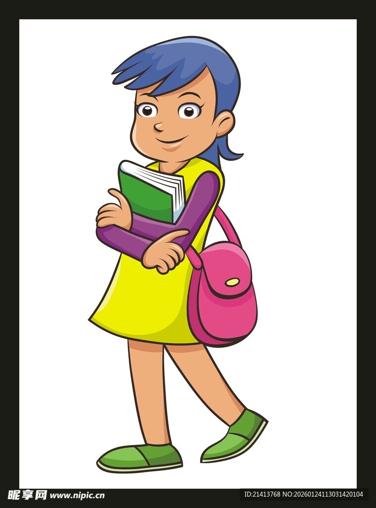 背着书包上学的快乐女孩
