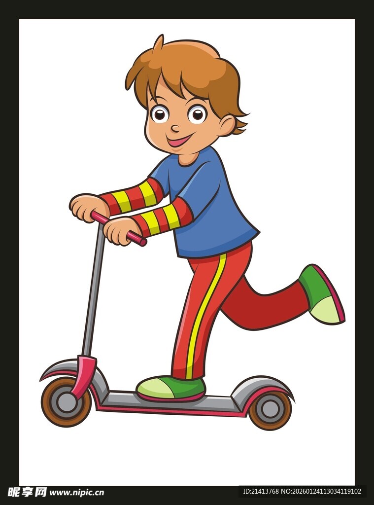 男孩快乐骑行滑板车