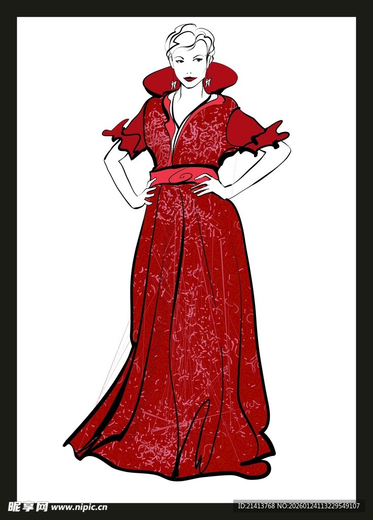红色长裙女性优雅设计图