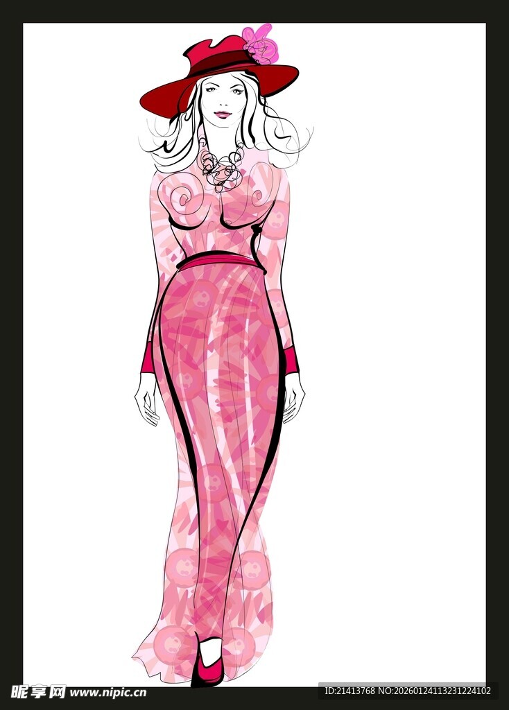 粉色长裙女士时尚插画