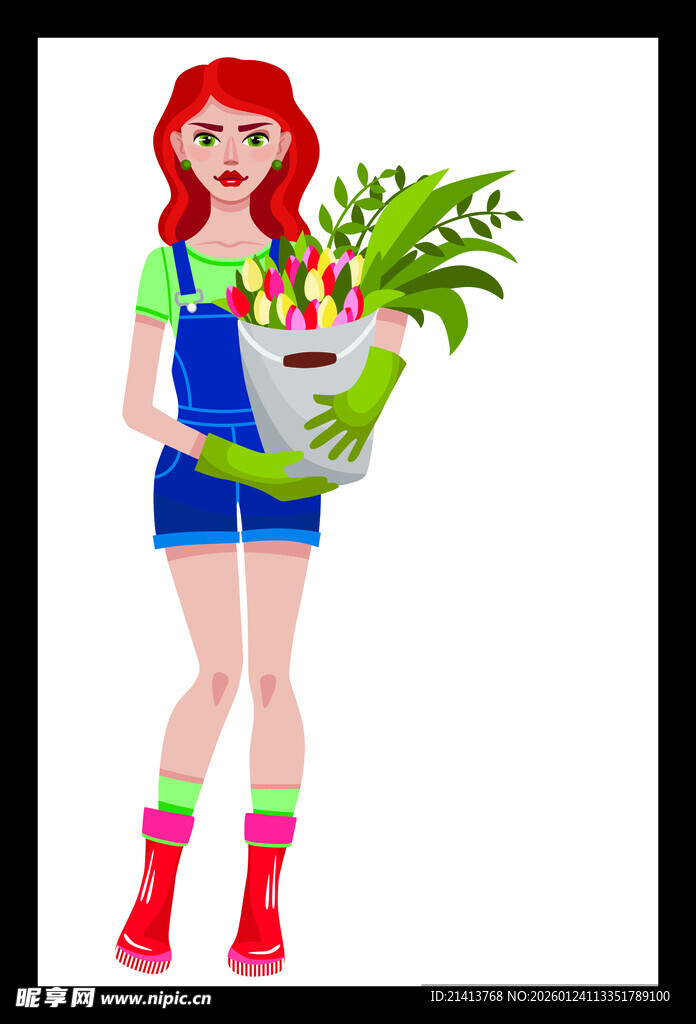 红发女孩手持绿植花盆