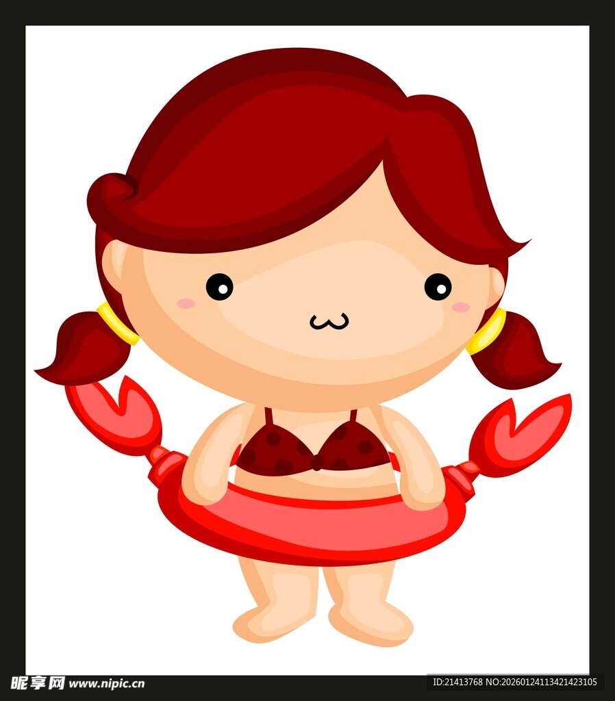 扎辫女孩玩红色充气圈