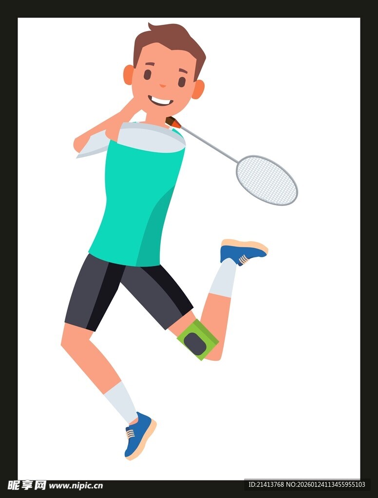 男孩活力打羽毛球瞬间