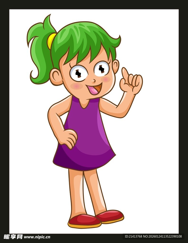 绿发紫衣女孩俏皮指向上方