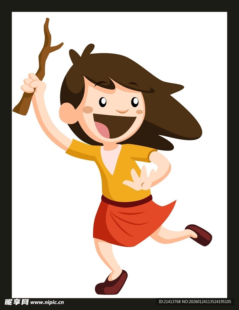 女孩持棍欢快奔跑