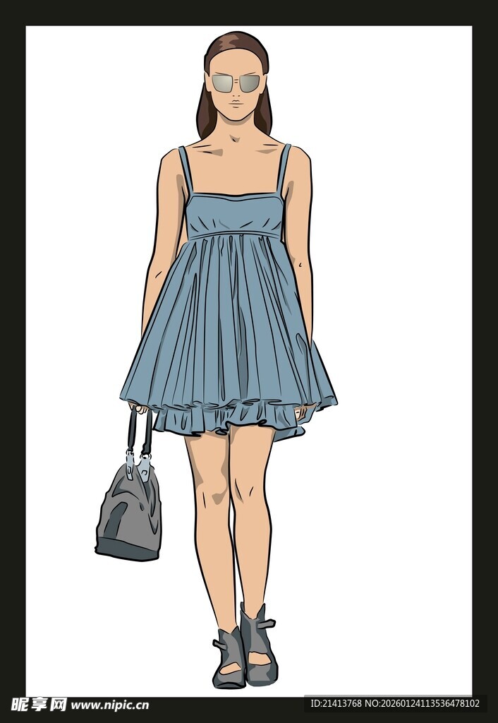 蓝色吊带裙时尚穿搭展示