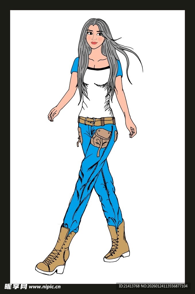 时尚女性牛仔装扮设计图