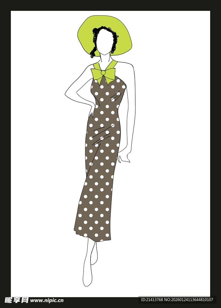 时尚波点长裙女士插画
