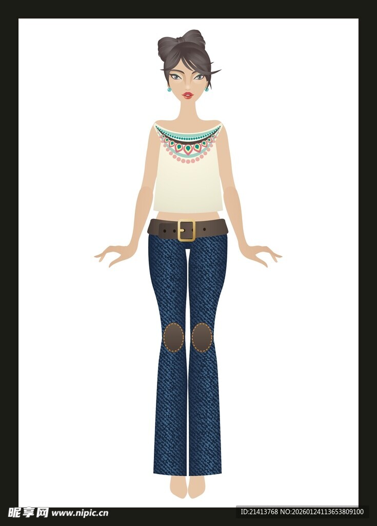时尚女士牛仔装扮插画
