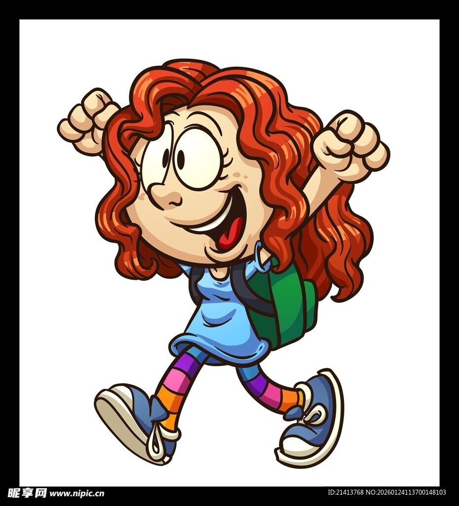 快乐女孩背着书包去学校