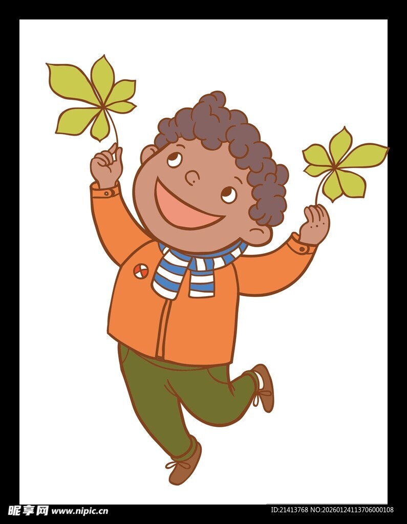 快乐孩童手持绿叶欢跳