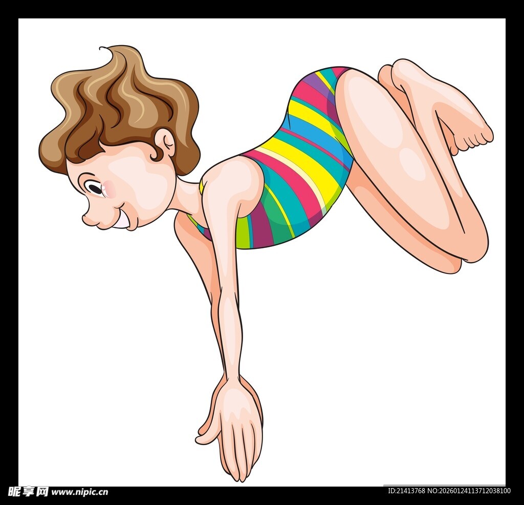 女孩做俯卧撑的彩色插画