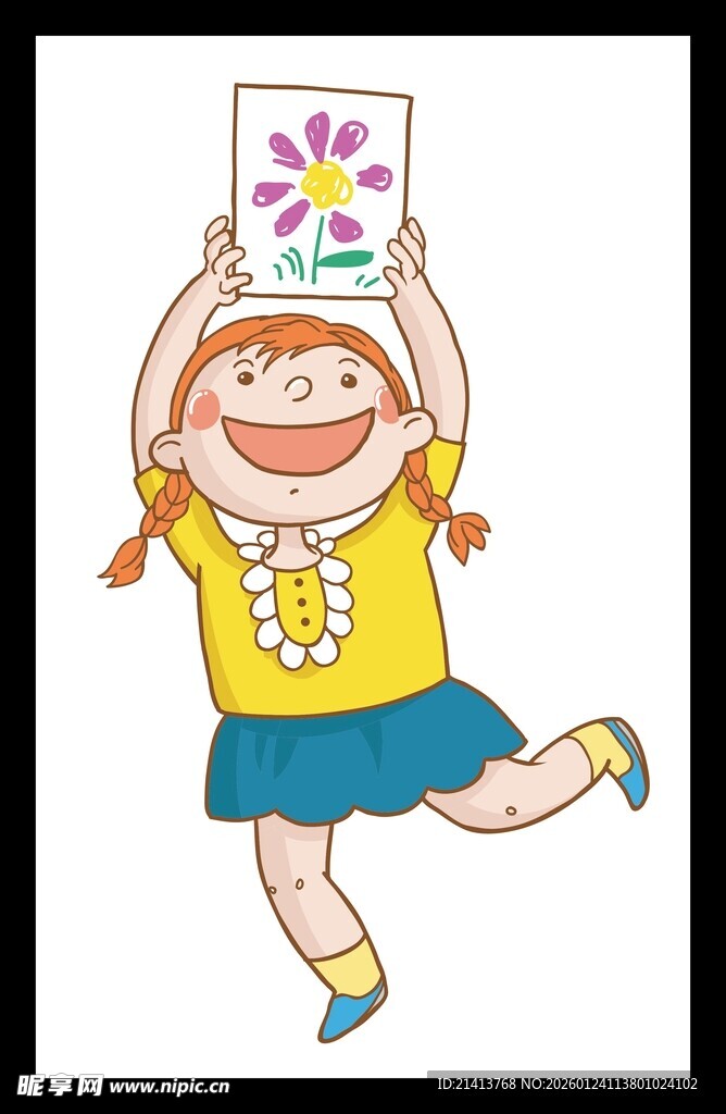 小女孩高举自制花朵画作