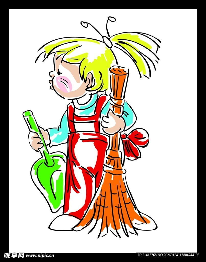 可爱女孩手持扫帚与瓶子