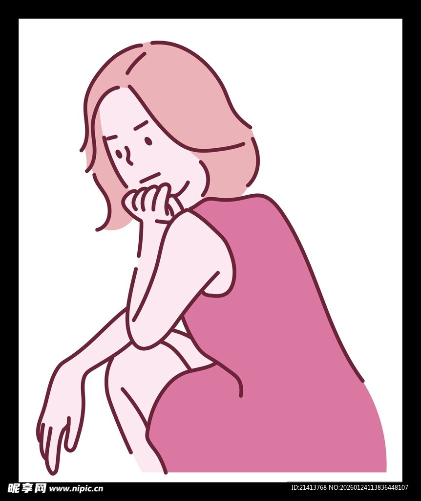 粉色裙装女子的沉思姿态