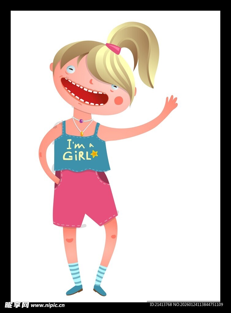 快乐挥手的卡通小女孩