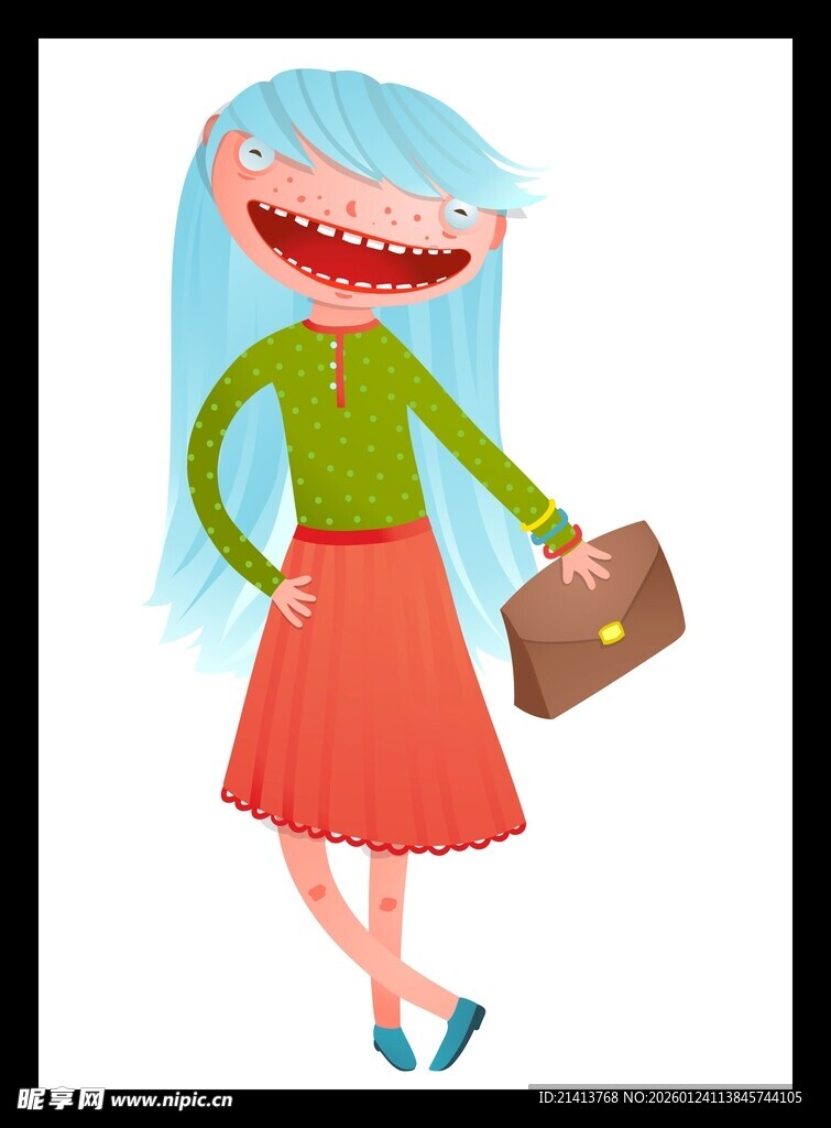 蓝发女孩拎包俏皮形象