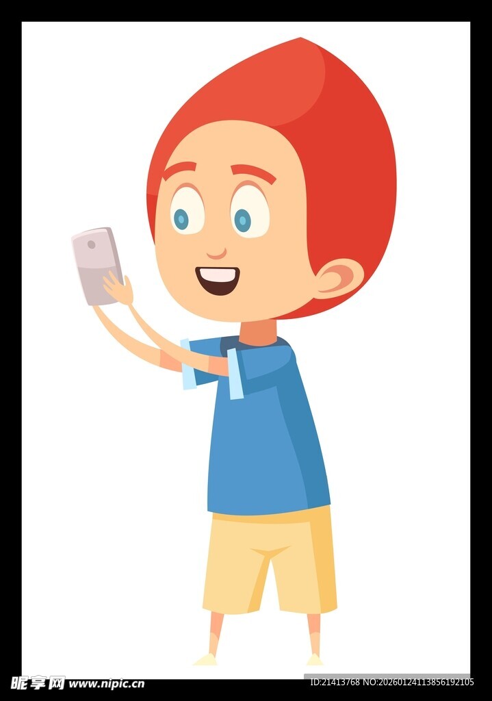 红发男孩开心用手机自拍