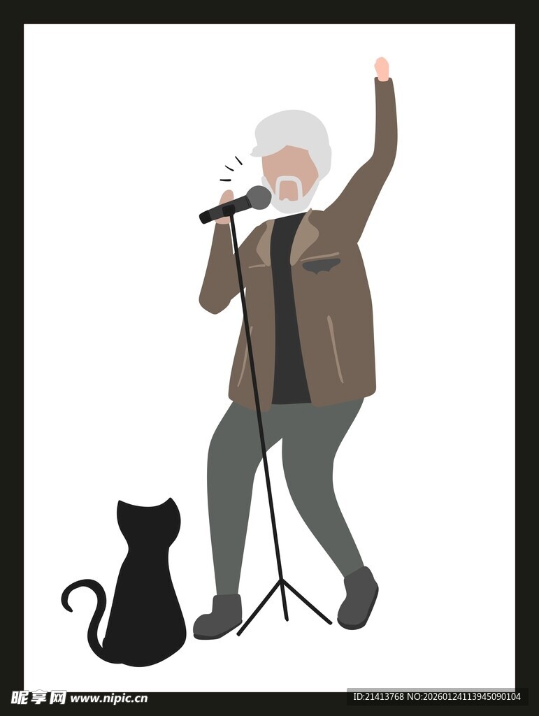 老人持麦演唱与黑猫相伴