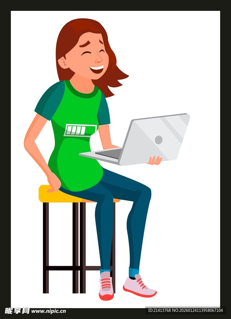 女孩开心使用笔记本电脑