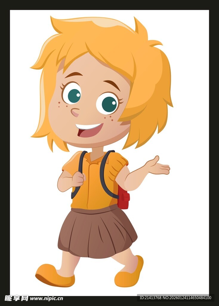 背着书包的快乐小女孩