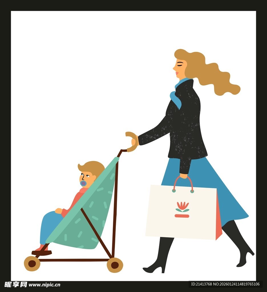 妈妈推婴儿车购物瞬间