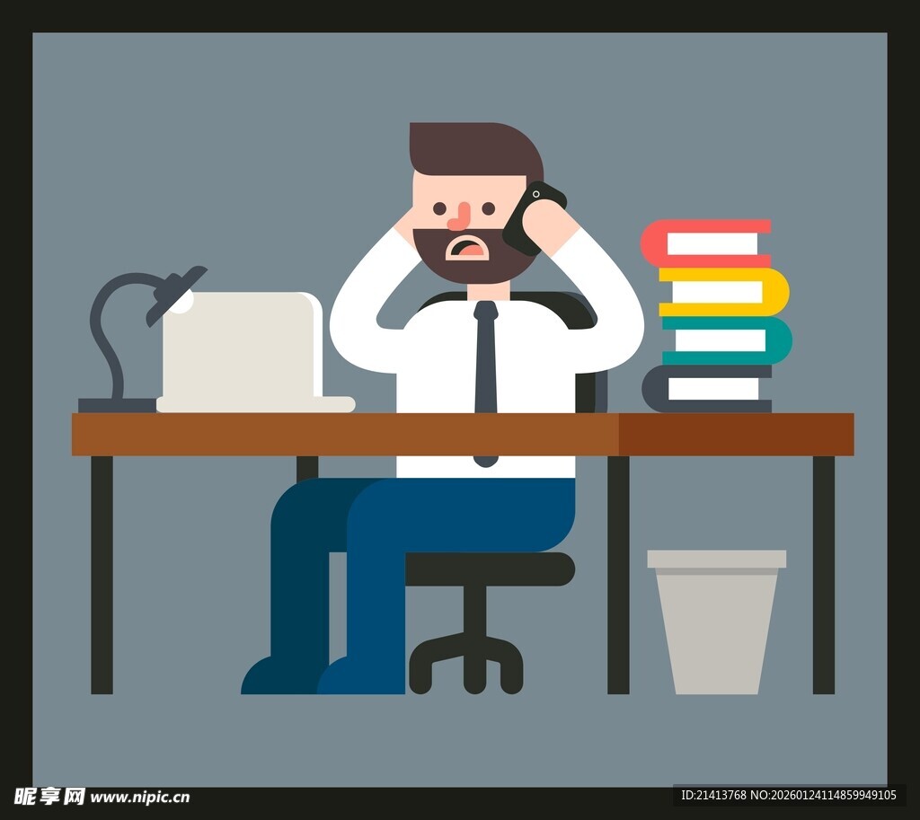 疲惫办公者书籍电脑相伴