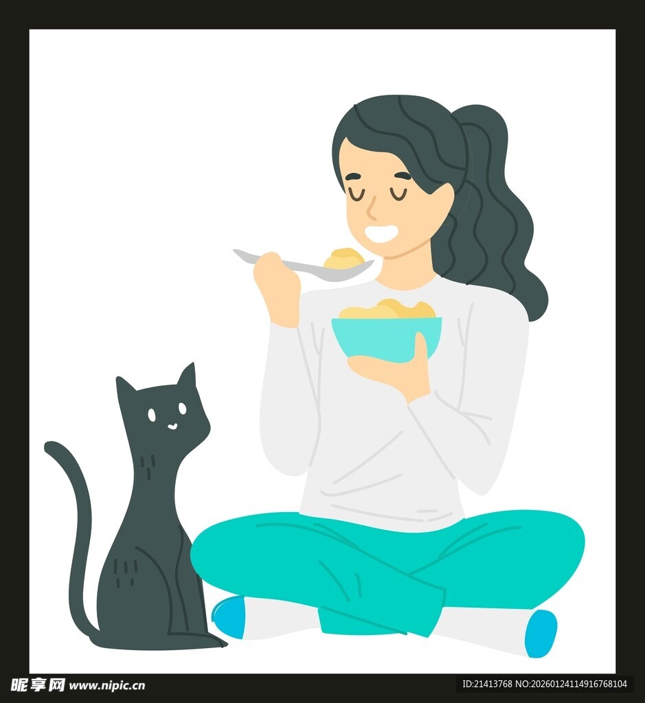 女孩与黑猫温馨用餐时刻