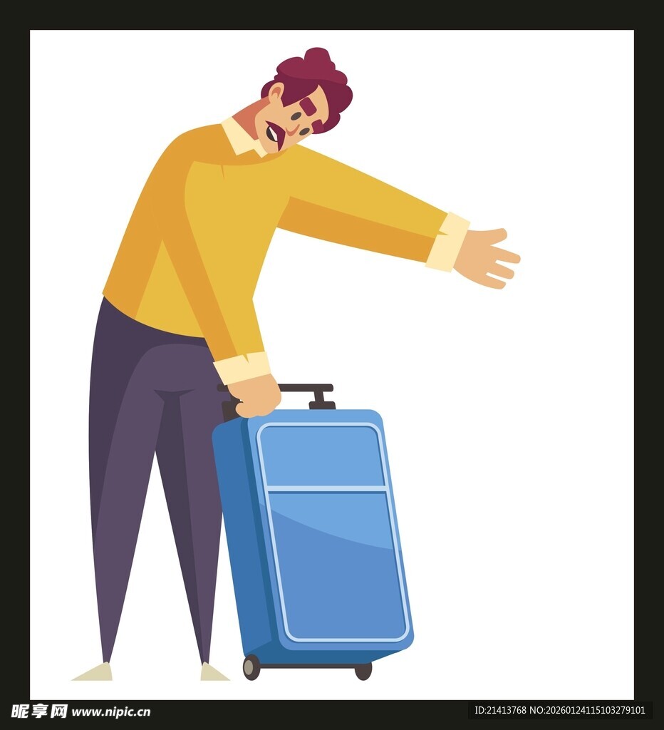 男子拖着行李箱伸手示意