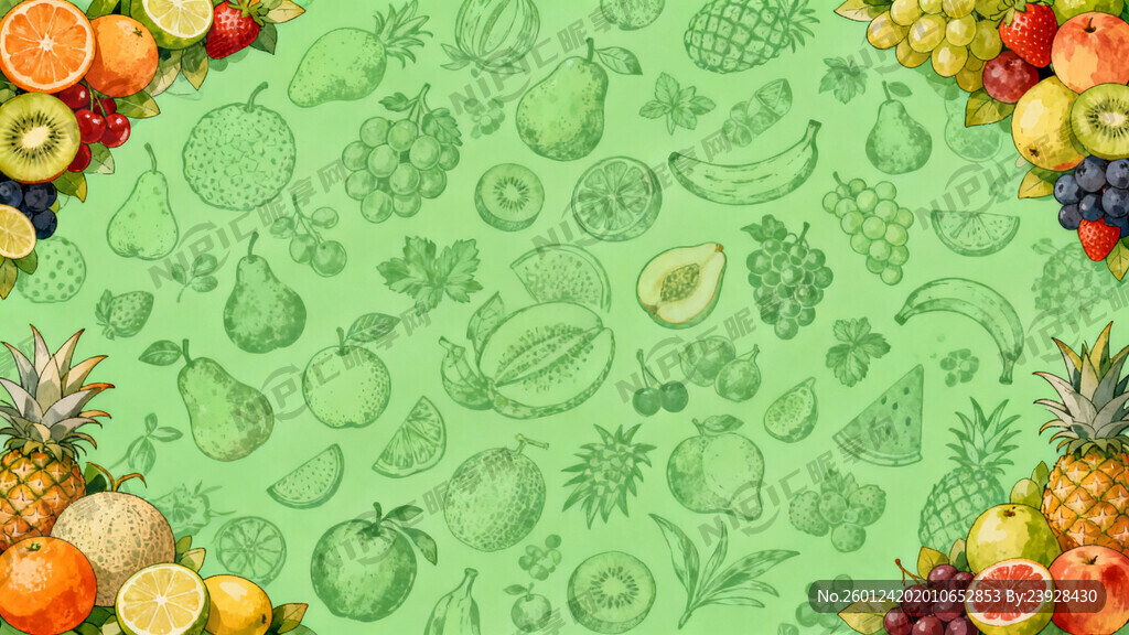 底图是绿色为基调加上各种水果暗