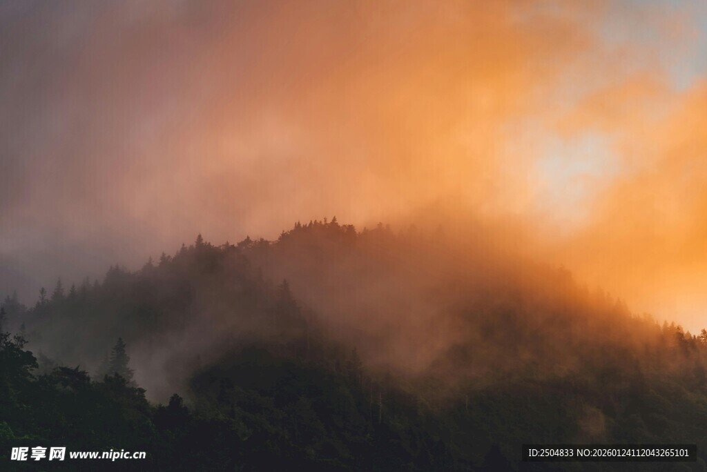 山间晨雾中的绚烂日出