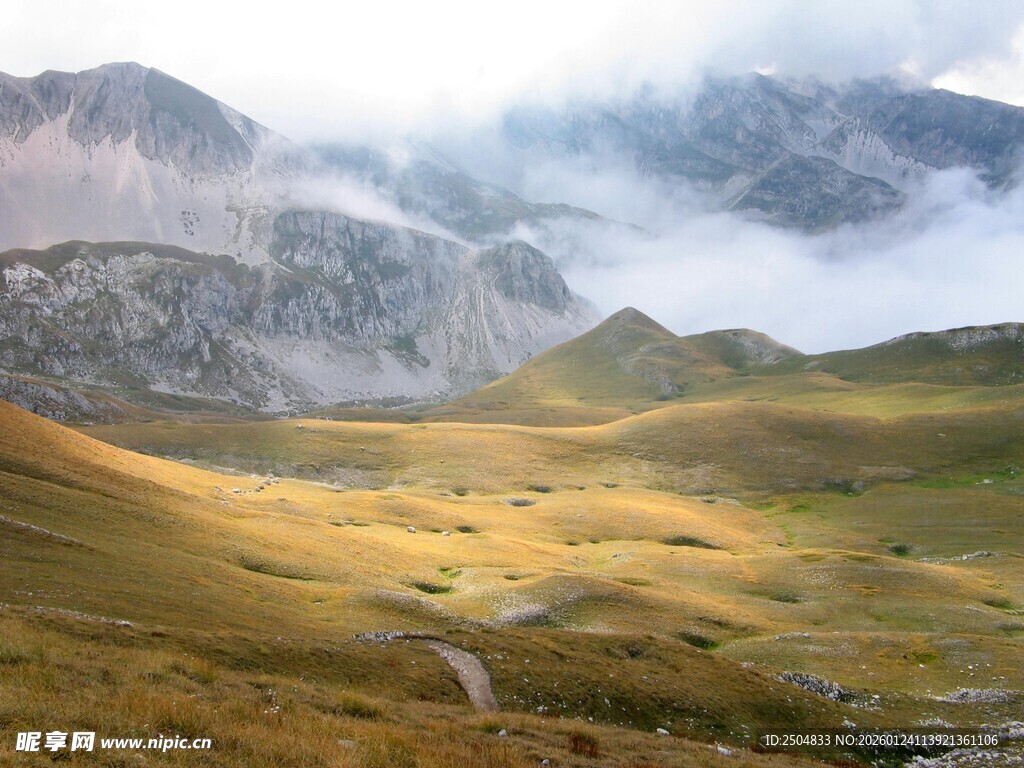 山间美景 云雾缭绕的原野