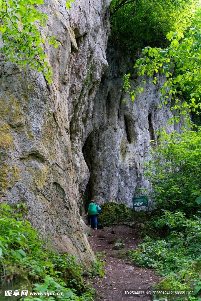 山间岩穴旁的绿色小径