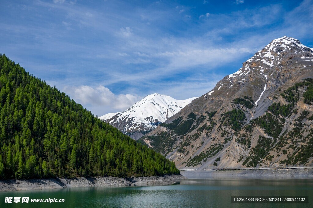 高山湖泊旁的森林雪景