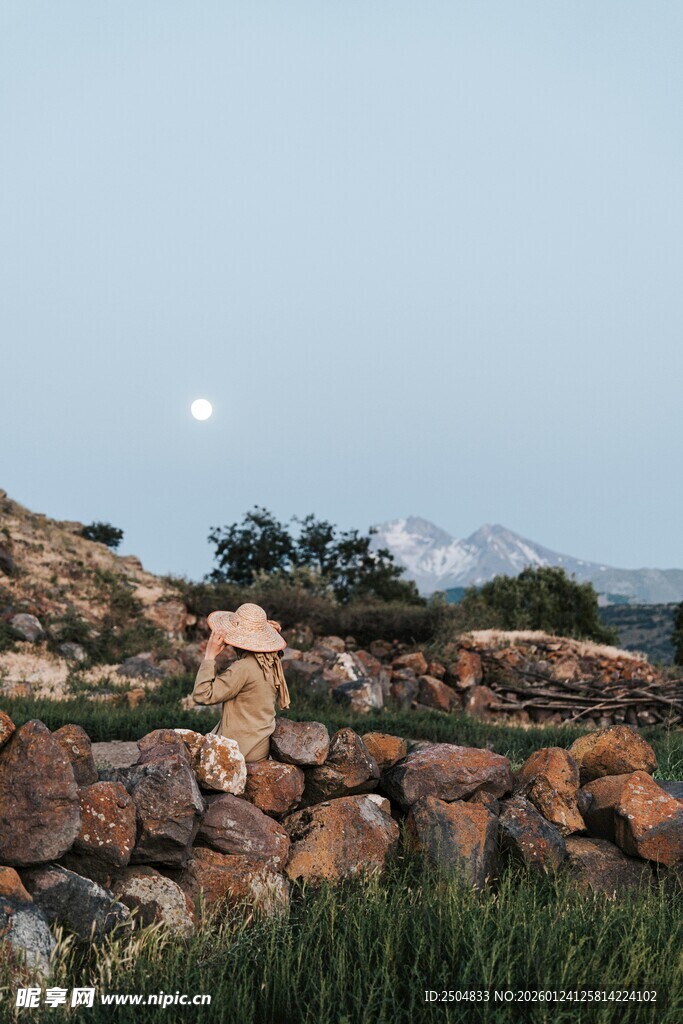 石堆旁的朦胧月色