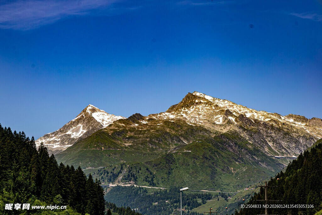 壮丽雪山与葱郁山林景观