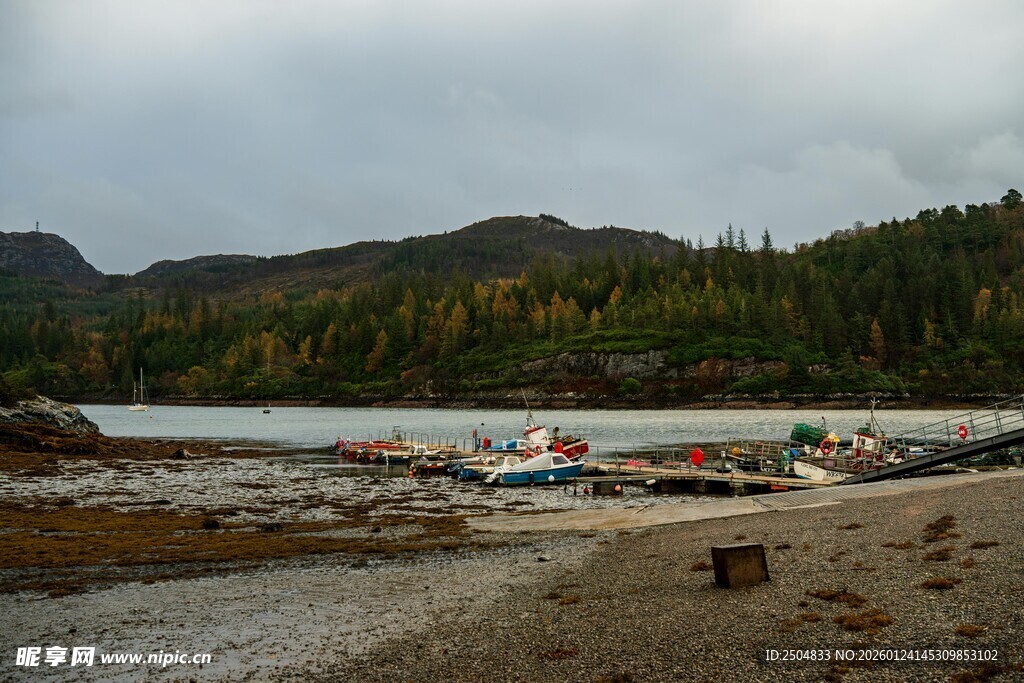 宁静海岸边的停泊船只