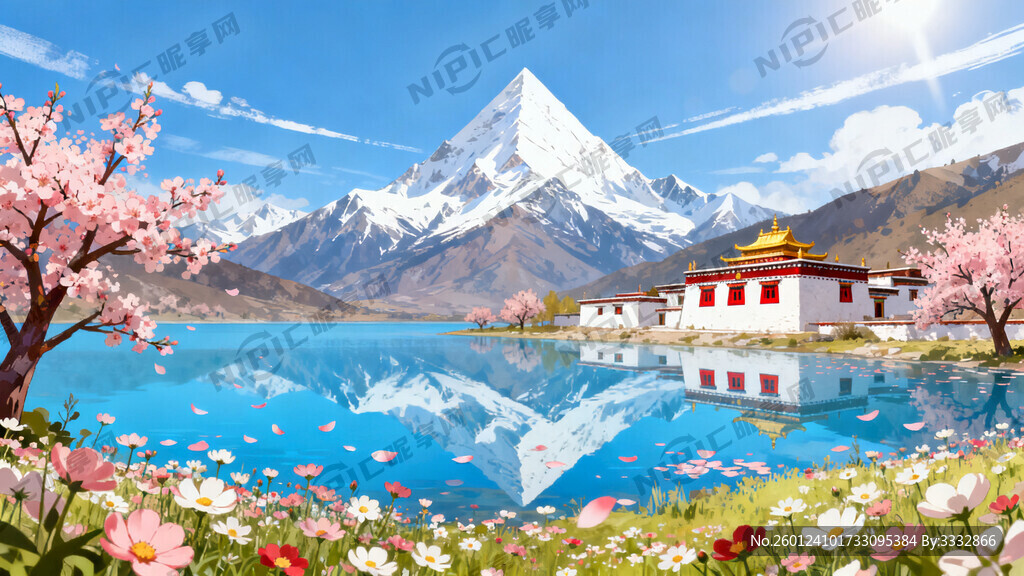 远景是巍峨的雪山 覆盖着白雪。