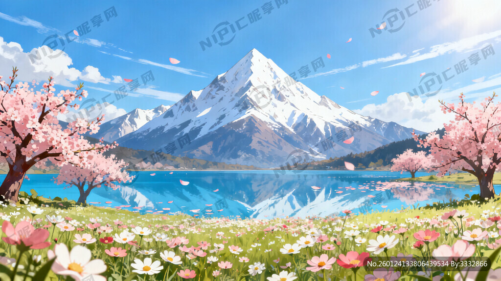 远景是巍峨的雪山 覆盖着白雪。