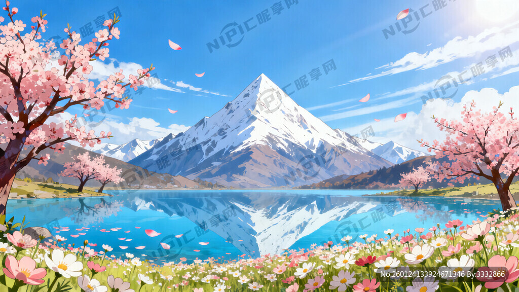 远景是巍峨的雪山 覆盖着白雪。