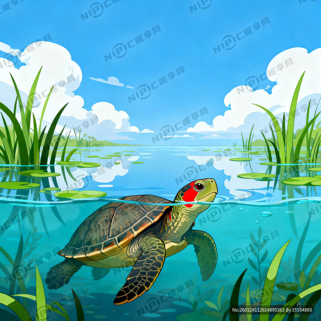 乌龟位于画面中央下部位置