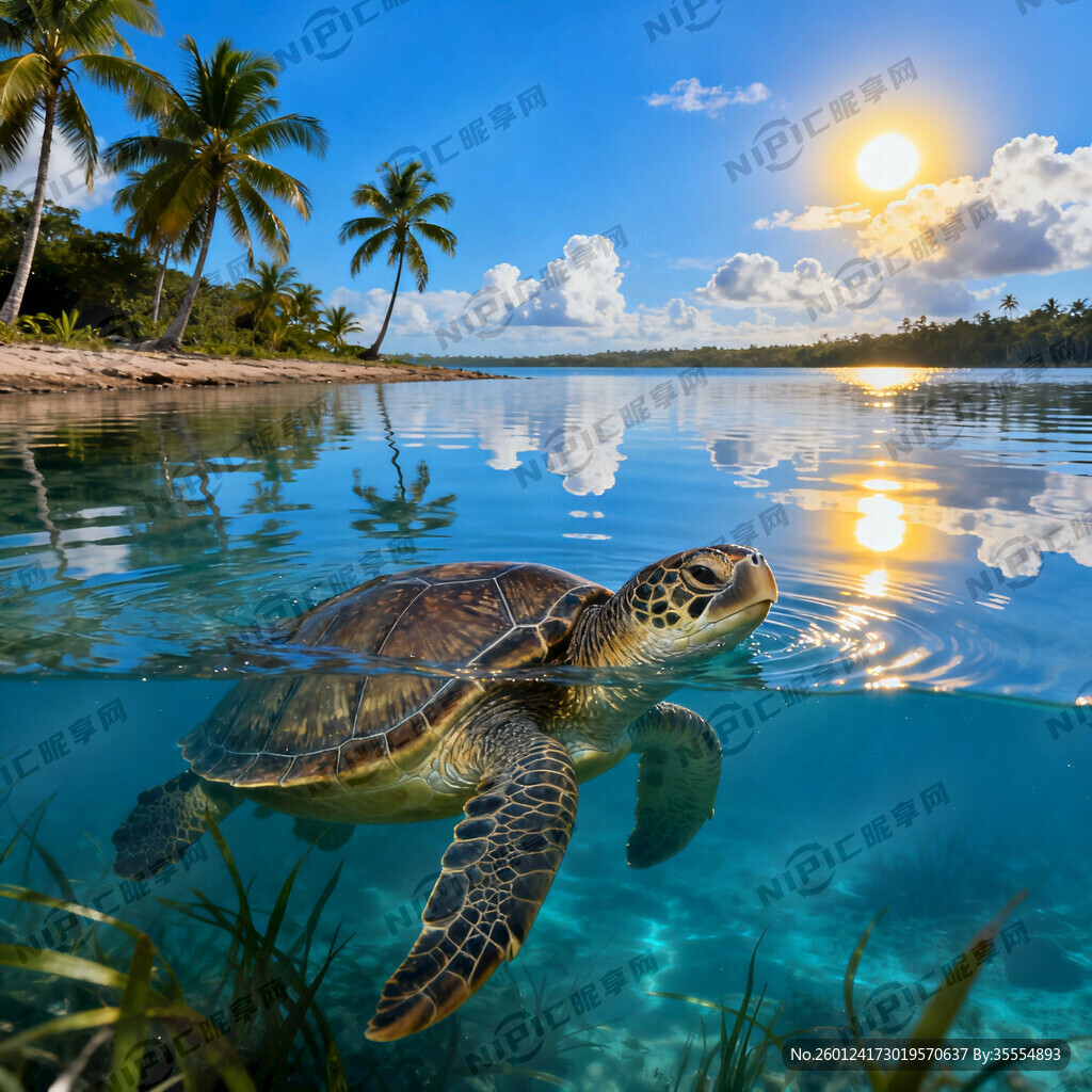 乌龟位于画面中央下部位置