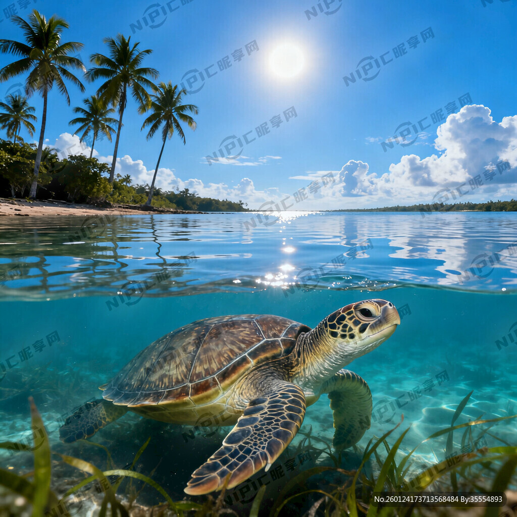 乌龟位于画面中央下部位置