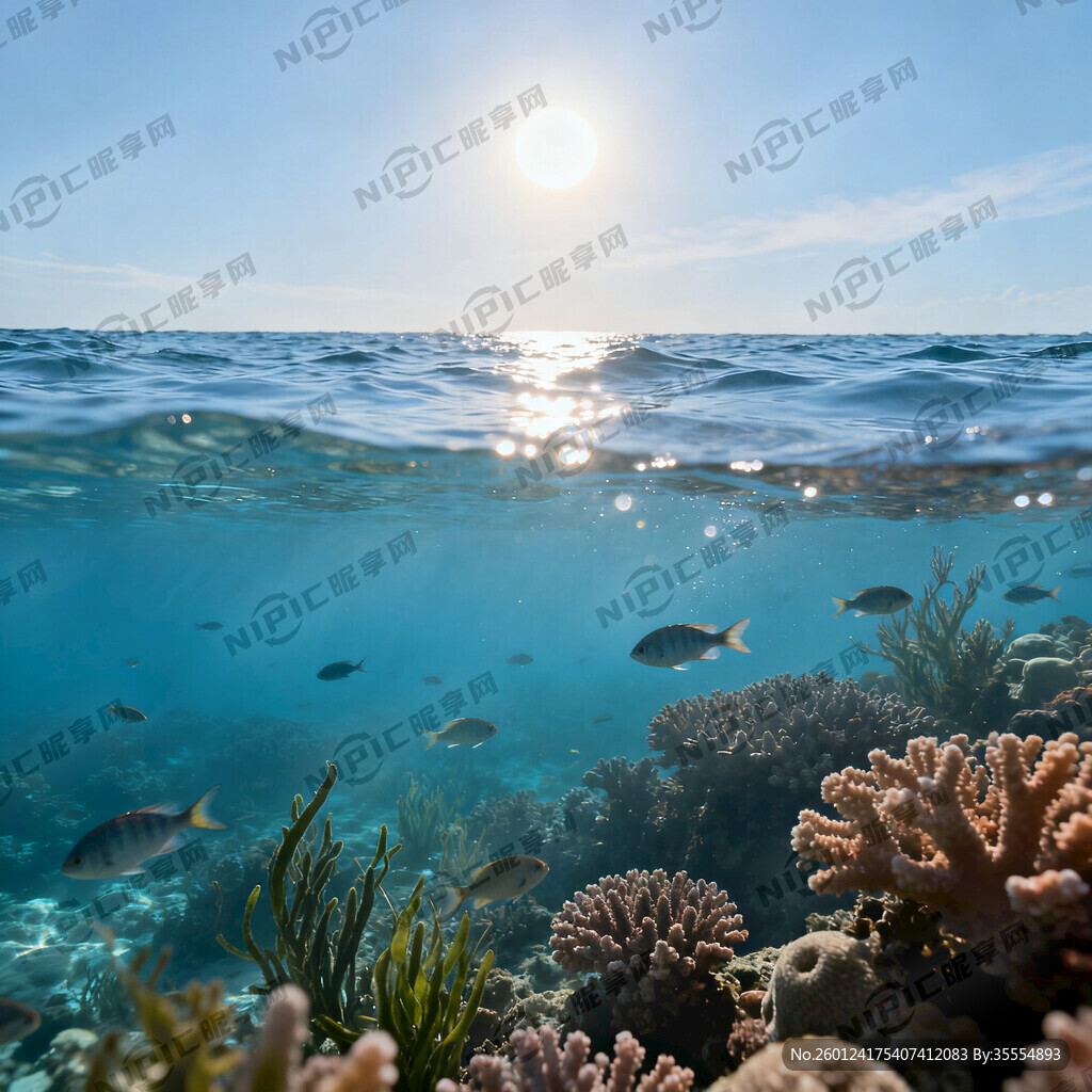 海上晴天半边太阳在位于画面中央