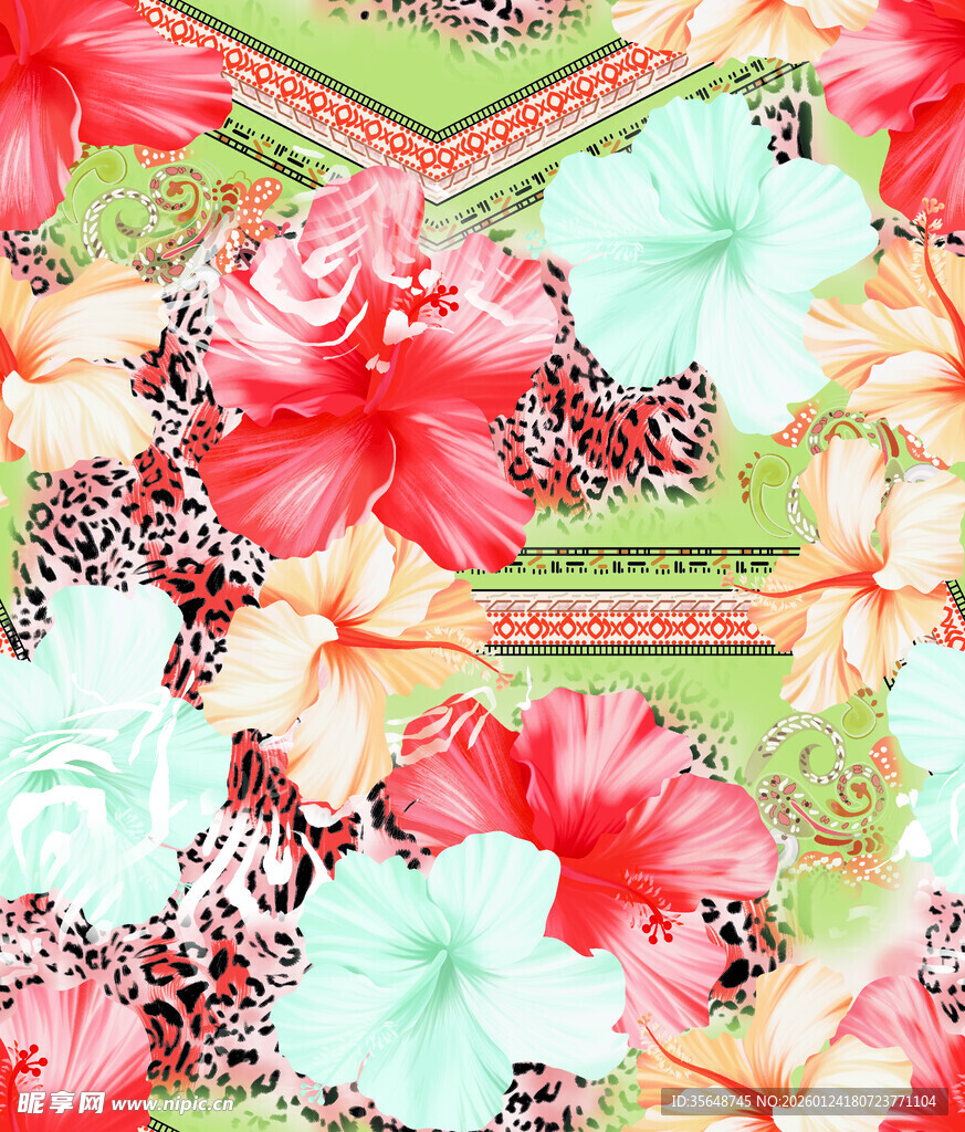 热带花卉豹纹图案面料