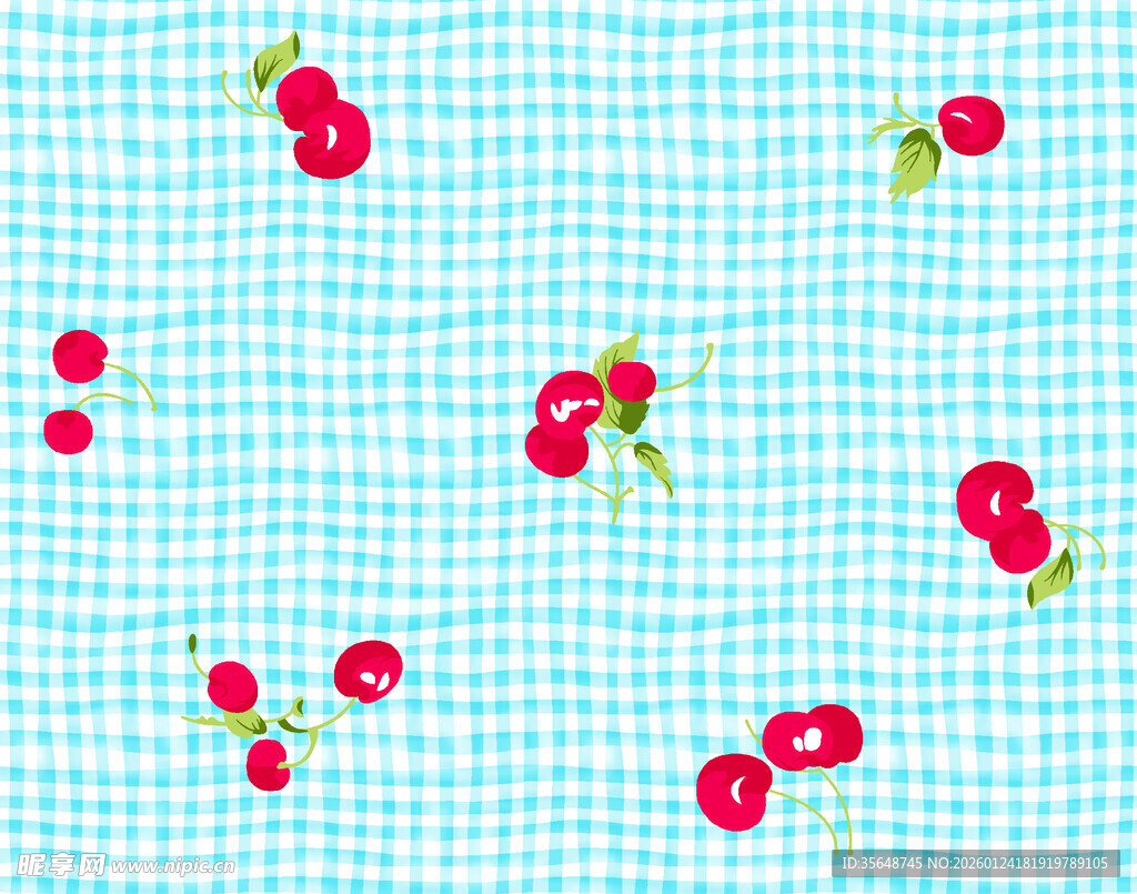 蓝底格纹上的樱桃图案